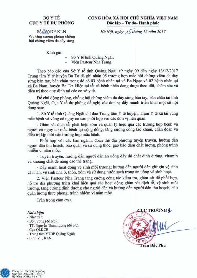 Công văn Bộ Y tế gửi Sở Y tế tỉnh Quảng Ngãi, Viện Pasteur Nha Trang về ...